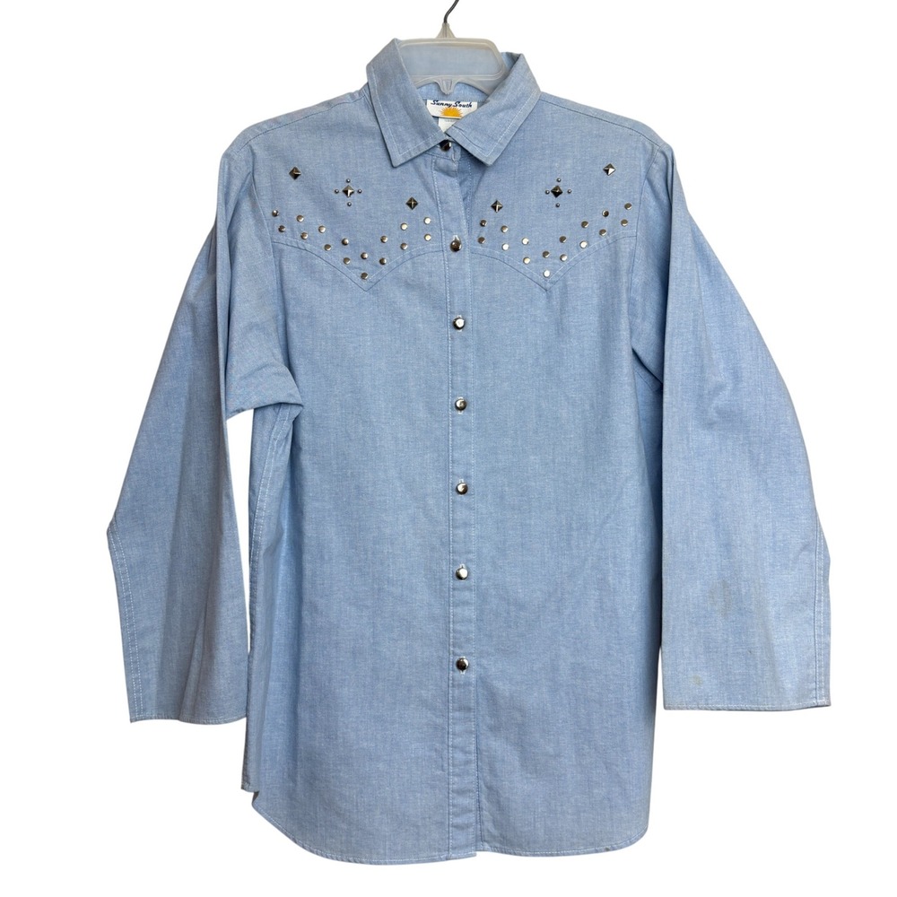 Vintage Western Chic Studded Chambray Denim Shirt Blouse Womens‎ 10 Cowboy Rodeo